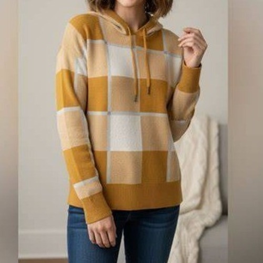Rachel Roy Hoodie‎ Sweater Womens Medium Mustard Yellow Plaid Knit Pullover